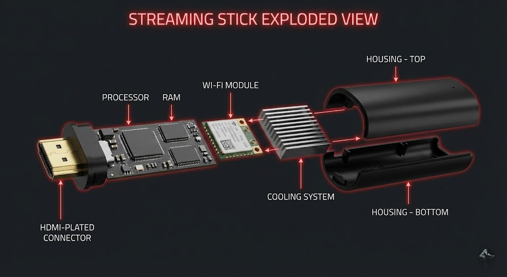 Exploded view of Flixy TV Stick showing internal components